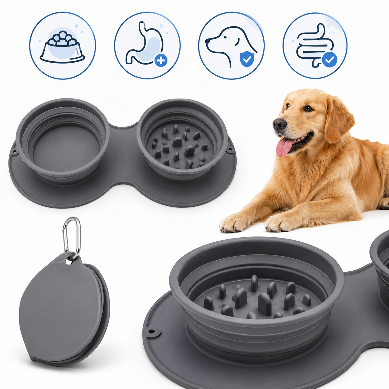 Slow Feeder Dog Bowl, Adjustable Depth, Non-Skid Base