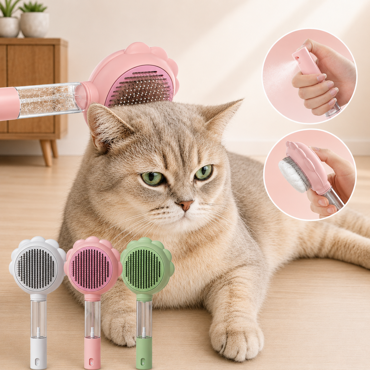 Tailvia Self-Cleaning Pet Grooming Brush with Spray